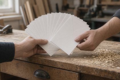 Hands fan a stack of blank envelopes over a sawdusty workbench