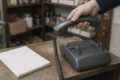 A hand lifts a desk phone receiver beside a blank notepad