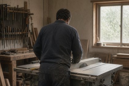A cabinet maker, seen from behind, works at a table saw in window light