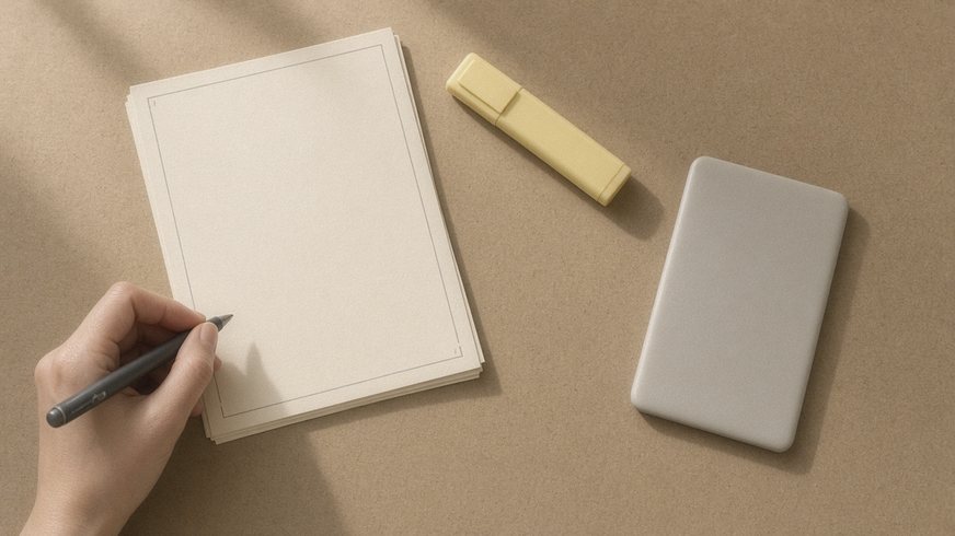 A hand writes on a blank page beside a highlighter and a blank card on a kraft surface